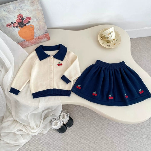 Spring and Autumn Kids Girls Cherry Embroidered Pattern Long Sleeves