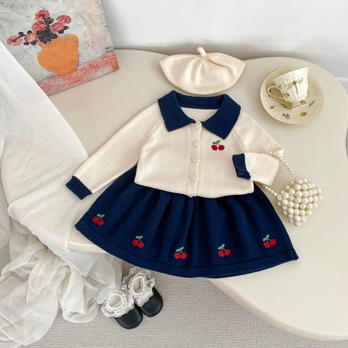 Spring and Autumn Kids Girls Cherry Embroidered Pattern Long Sleeves
