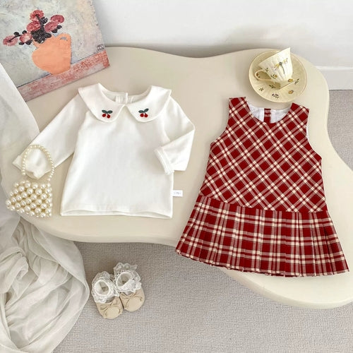 Spring and Autumn Baby Kids Girls Cherry Pattern Long Sleeves Beige
