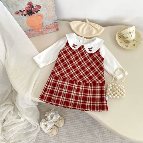 Spring and Autumn Baby Kids Girls Cherry Pattern Long Sleeves Beige